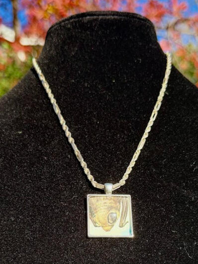 Bat Silver Square Pendant. Non-adjustable 18.5" chain. 1" x 1"