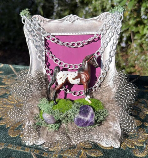 Amethyst Appaloosa | real amethyst chunks, silver chains, faux moss & feathers