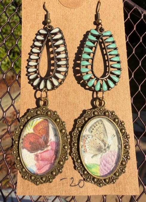 Acmon Blue & Common Blue Butterflies. Brass fish hooks w/ brass & faux gem accents. Approx 3" length. $20