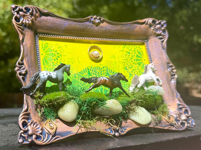 Acrylic paint, pearl / gold cabochon, real rock, moss, labradorite accents