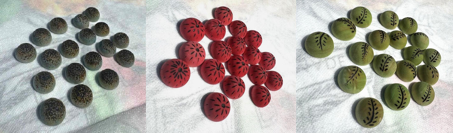 (left to right: blue dye + mushroom freckle pattern, red dye + strawberry speckle pattern, green dye + fern frond pattern)